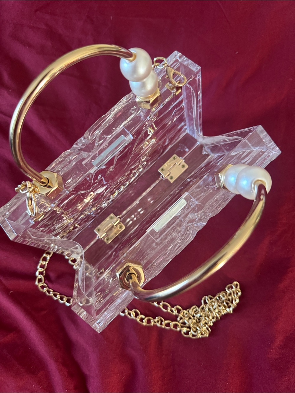 Clear Acrylic Box Bag with Gold Handle and Pearl Accent - Picture 2 of 3